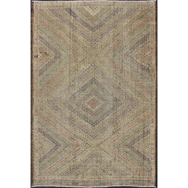 Mid 20th Century Turkish Kilim Rug With Multi Layered Diamond Design in Soft Tones of Blue, Green, Gray, Red For Sale - Image 12 of 12