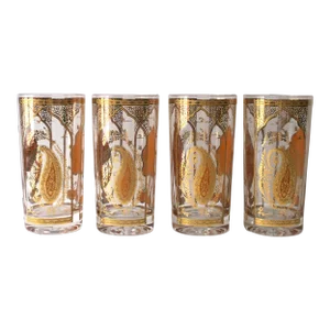 Gold Paisley Moroccan Highball Cocktail Glasses by Culver, Set of 4