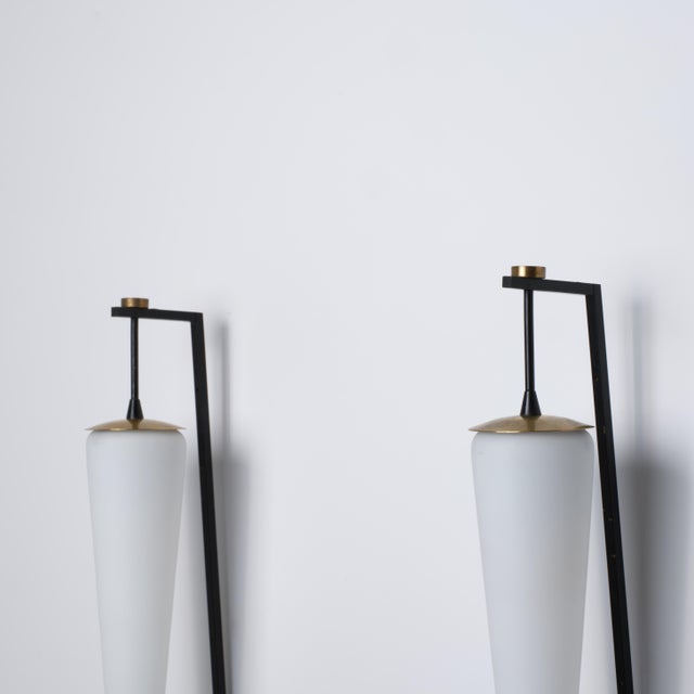 Black Large Italian Brass, Black Metal and Opaline Glass Sconces, 1950s, Set of 2 For Sale - Image 8 of 10
