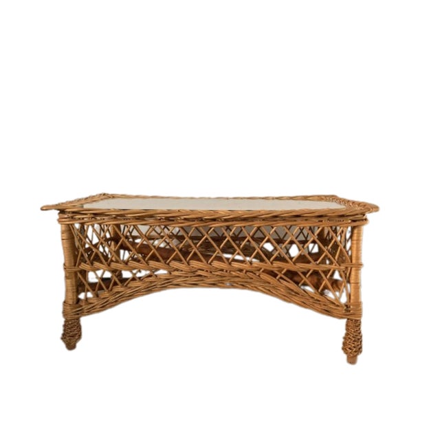 Mid-Century Modern Mid-Century Rectangular Bamboo and Rattan Side Table with Glass Top, Italy, 1970s For Sale - Image 3 of 9