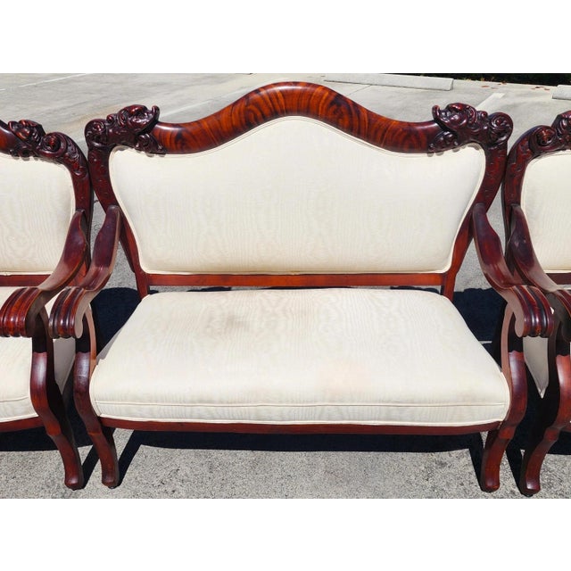 Chinoiserie Antique Asian Rosewood Carved Foo Dogs Living Room Suite 3 Piece Sette 2 Chairs For Sale - Image 3 of 17