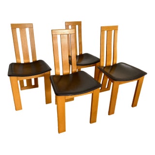 1980s Vintage Italian Wood and Brown Leather Chairs - In the Style of Pietro Costantini-Set of 4 For Sale