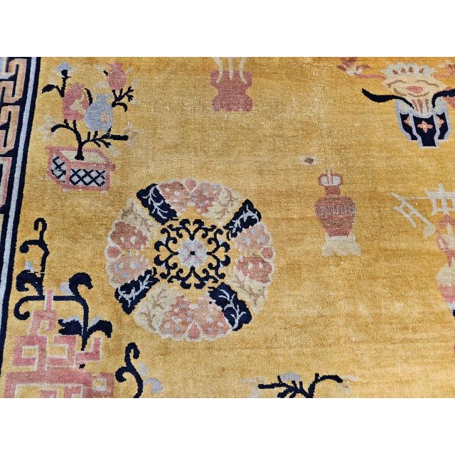 Antique Art Deco Chinese Rug, Hand-Knotted Wool, Pastel Yellow & Blue, 10x15 For Sale - Image 16 of 18