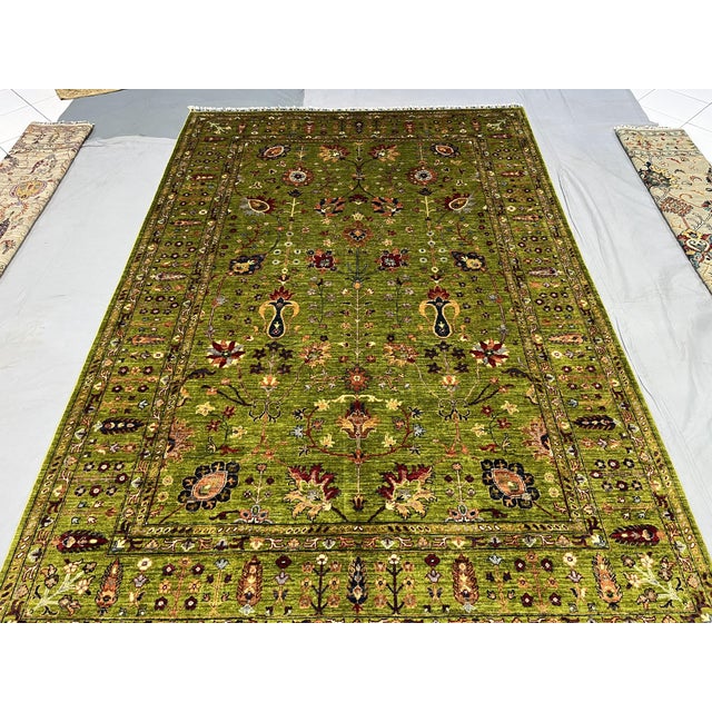 Green Afghan Sultani Natural Dye Wool Rug, Persian Floral Botanical ...