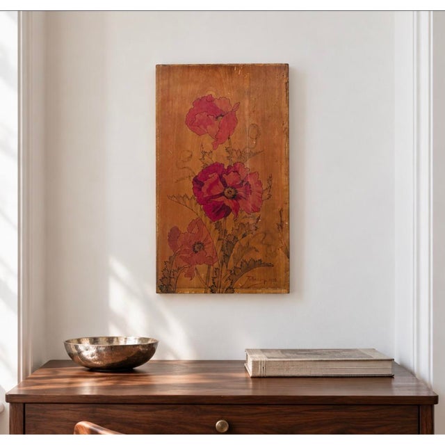 1903 French Art Nouveau Pyrography and Hand-Painted Wood Panel by Abel Trinocq, Signed and Dated. For Sale - Image 9 of 10