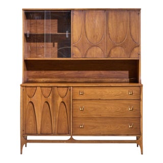 Broyhill Brasilia Mid Century Walnut and Brass Offset Credenza and Hutch For Sale