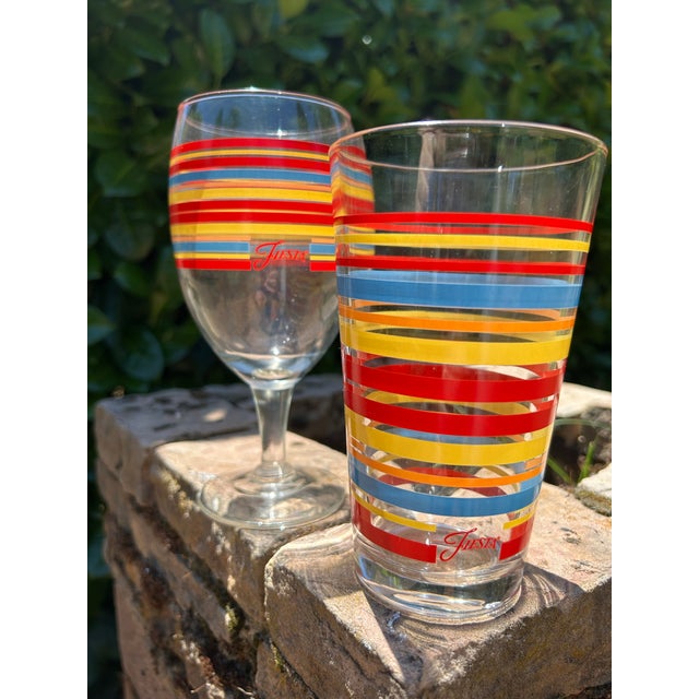 Vintage Fiesta Drinking Glasses and Two Water or Iced Tea Glasses - Red, Yellow and Blue Stripes With Fiesta Mark on Front Panel - Set of 6 For Sale - Image 9 of 11
