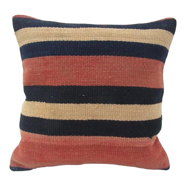 Handmade Black and Beige Striped Turkish Kilim Pillow Cover For Sale
