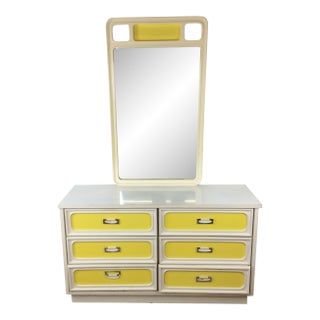 Mid Century Space Age Style Lowboy Dresser With Mounted Mirror & Yellow Drawer Faces For Sale