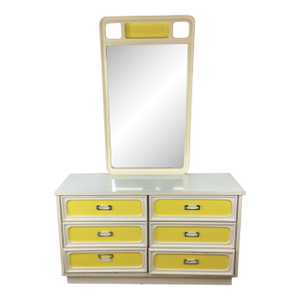 Mid Century Space Age Style Lowboy Dresser With Mounted Mirror & Yellow Drawer Faces
