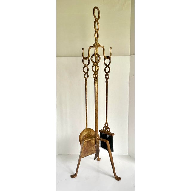 Metal 1960s Sculptural Gilt Iron Fireplace Tool Set With Stand For Sale - Image 7 of 9