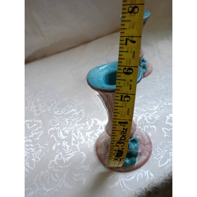 Vintage Mid-Century Faux Bois Ceramic Candle Holders With Teal Glazed Rims - A Pair For Sale - Image 10 of 10