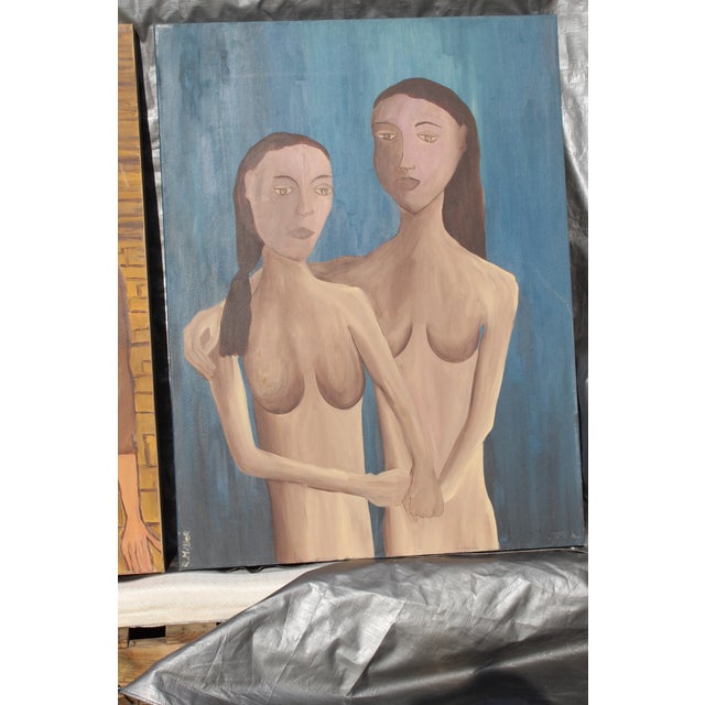 1960s Vintage Mid-Century Modern Two Women Oil Paintings - a Pair For Sale In San Diego - Image 6 of 11