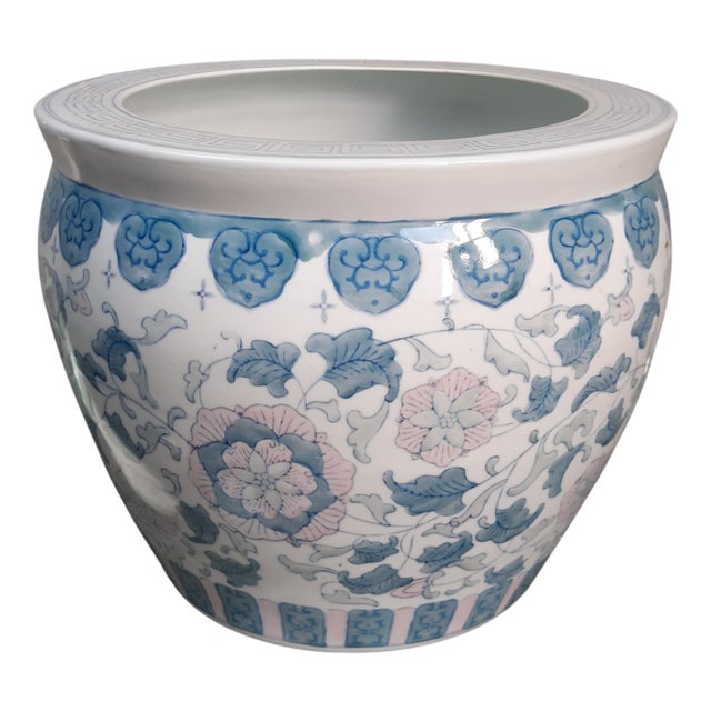 Chinese White and Blue Ceramic Vase with Pink Peonies, 1950s For Sale
