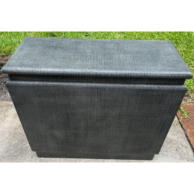 Paint Pair of Karl Springer Style Lacquered Grasscloth Bedside Tables or Side Cabinets For Sale - Image 7 of 7