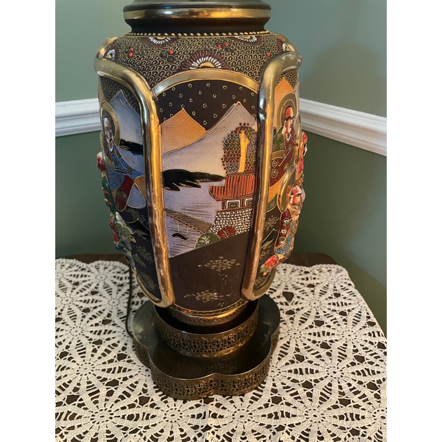Vintage 31" Japanese Satsuma Moriage Table Lamp With Pleated Shade For Sale - Image 9 of 18