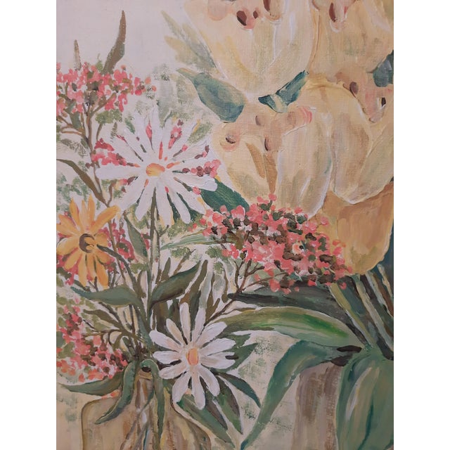 This beautiful late mid-century floral painting is signed by the artist K. Green, dated 1975, and features provenance on...