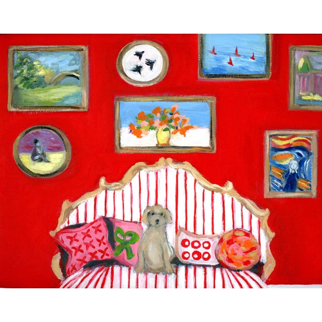 2020s Hockney Inspired Pup on Red Striped Sofa Interior Room Portrait Oil Painting by Alexandra Swistak For Sale - Image 5 of 8