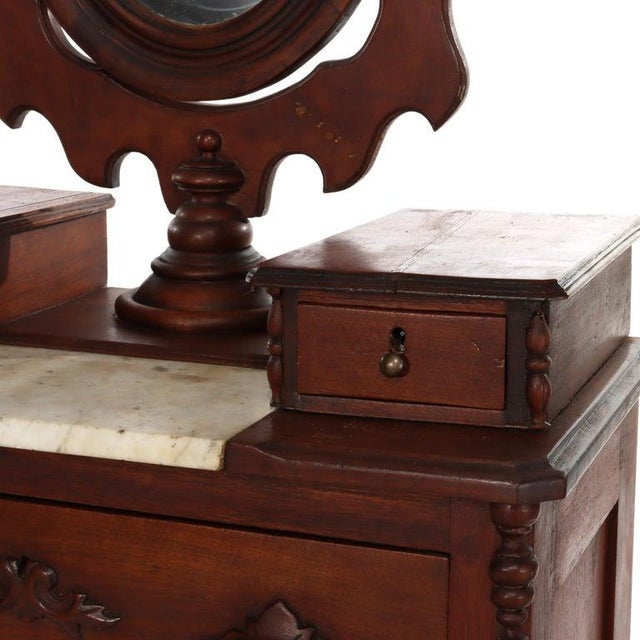Walnut 5-Drawer Marble Top Child’s Dresser With Mirror & Carved Pulls Circa 1890 For Sale - Image 6 of 18