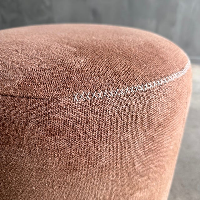 Contemporary Bailey Round Stool in Havane Linen With Hand Stitched Details and White Oak Legs For Sale - Image 3 of 10