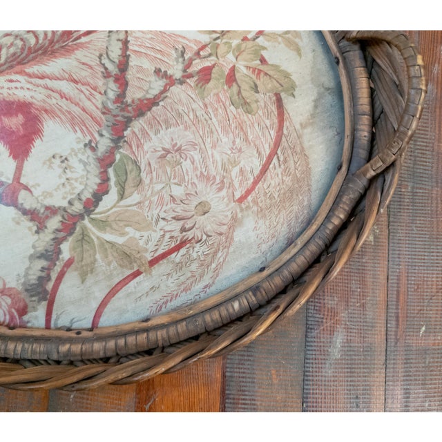Wood 19th or 20th Century French Wicker Serving Tray With Tapestry Fragment of Bird For Sale - Image 7 of 16