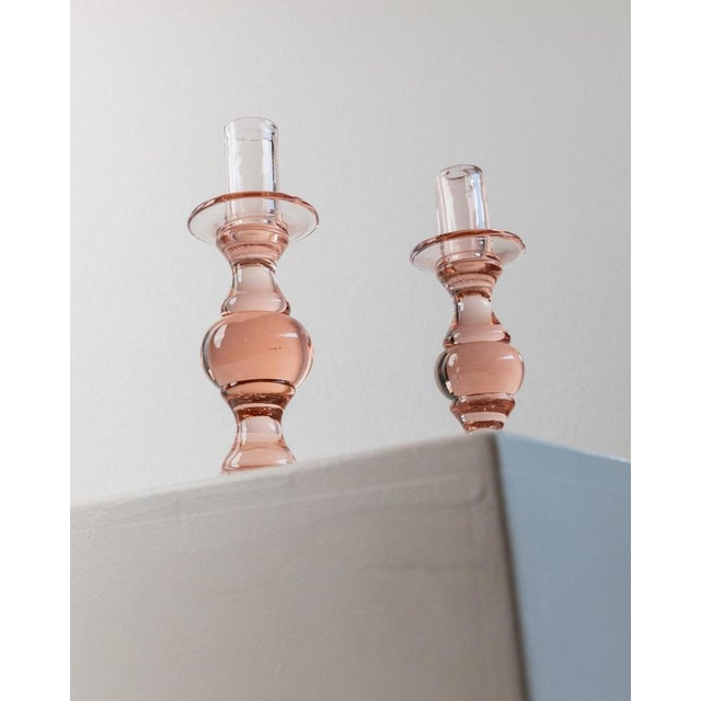 Beige Vintage Peach Glass Candleholders, Italy, 1980s, Set of 2 For Sale - Image 8 of 13