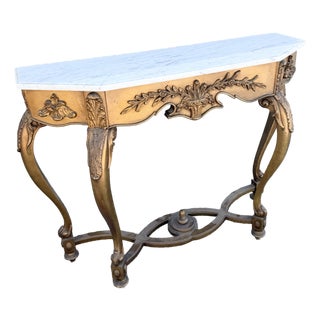 Vintage French Style Marble Top Wooden Console Table For Sale