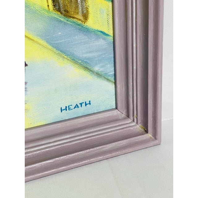 1970s Whimsical Mid-Century Modern Cityscape Painting in Lavender Frame For Sale - Image 4 of 11