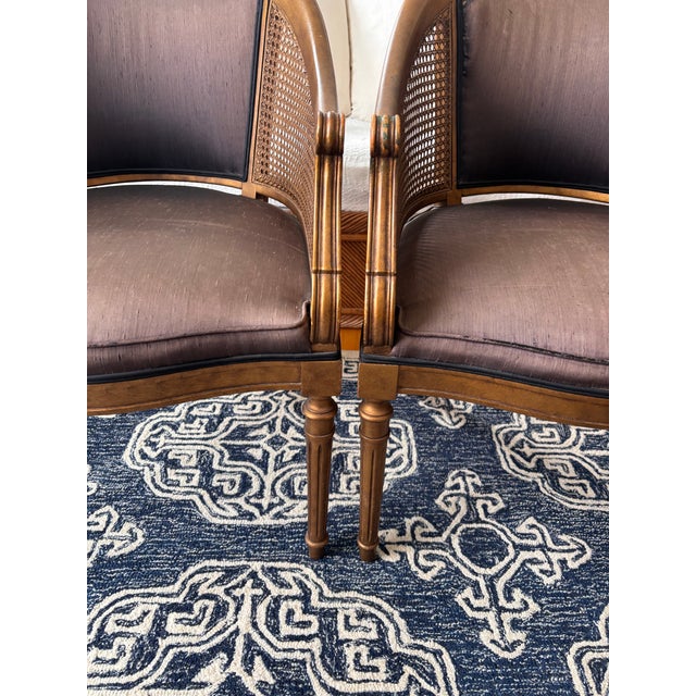 Mid 20th Century Vintage Mid Twentieth Century French Empire Hollywood Regency Gold Bronze Gilt Barrel Back Cane Arm Chairs, a Pair For Sale - Image 5 of 12