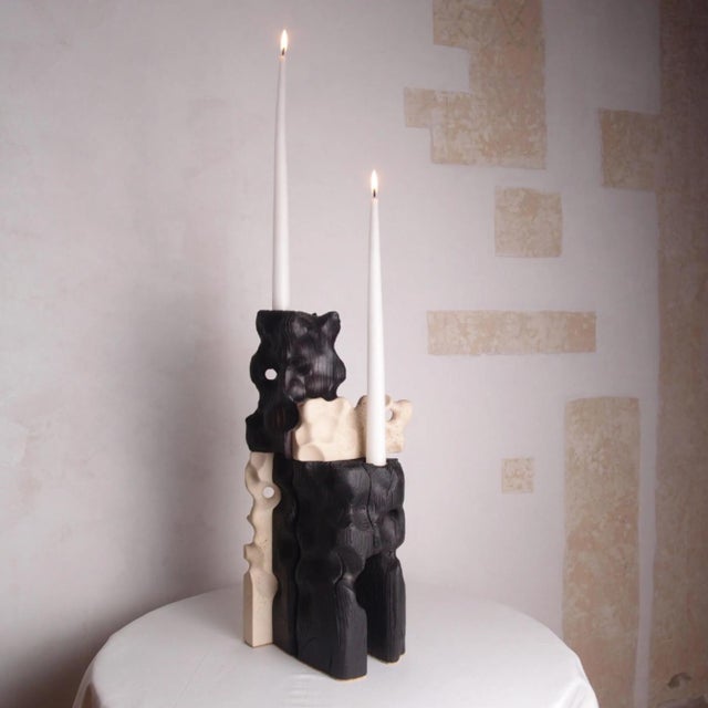 Brutalist Wood and Stone Candle Holder - Holey Tower Candle Holder | Melting Series by Gabor Gobi For Sale - Image 6 of 13