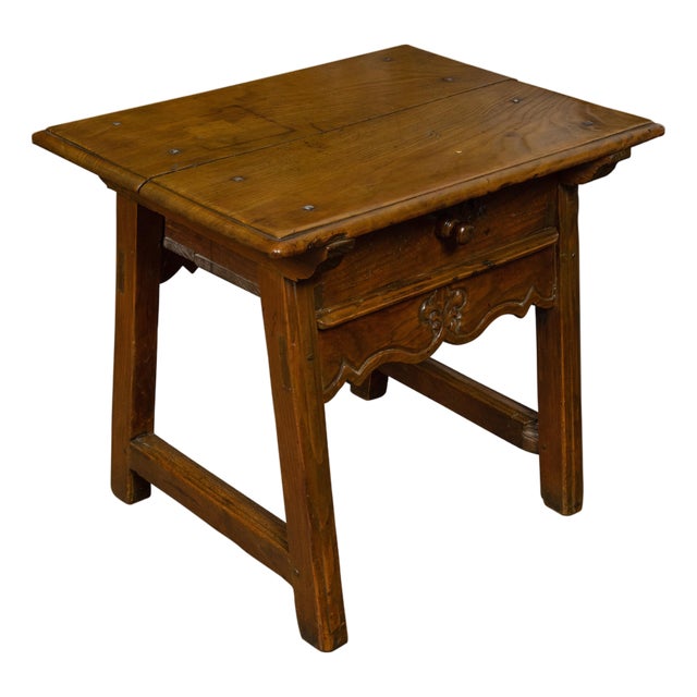 English Georgian Period Low Oak Side Table with Single Drawer and Carved Apron For Sale
