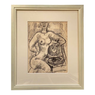 1930s Marcel Gromaire Nu Avec Phonographe Ink Drawing, Framed For Sale