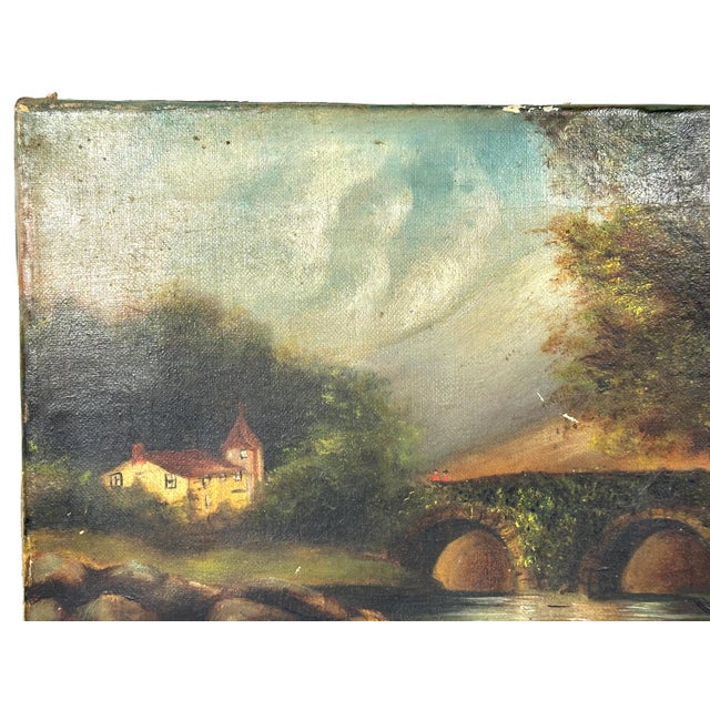 Antique Folk Art Landscape Oil Painting for your consideration. The painting measures approx. 9 inches X 13 1/2 inches and...