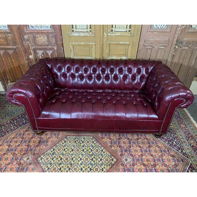 Vintage MidCentury English Oxblood Leather Chesterfield Tufted Sofa