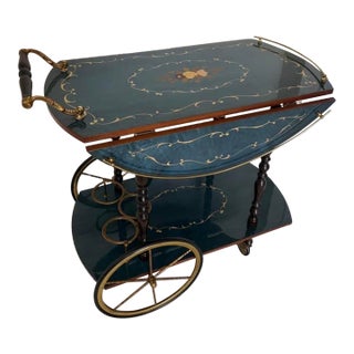 Mid-Century Italian Hollywood Regency Marquetry Drop-Leaf Bar Cart For Sale