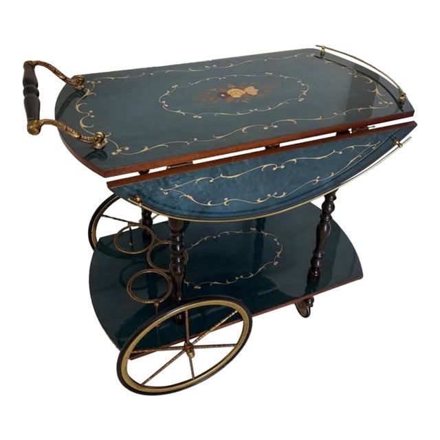 Mid-Century Italian Hollywood Regency Marquetry Drop-Leaf Bar Cart For Sale