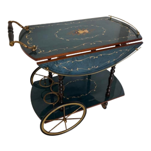 Mid-Century Italian Hollywood Regency Marquetry Drop-Leaf Bar Cart