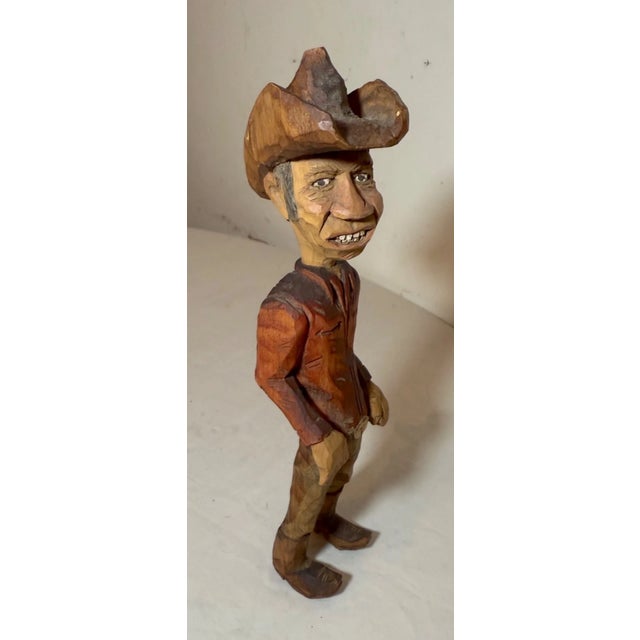 1980s Exquisite Signed Hand Carved Wood Folk Art Man Cowboy Sculpture Statue Figure For Sale In New York - Image 6 of 13