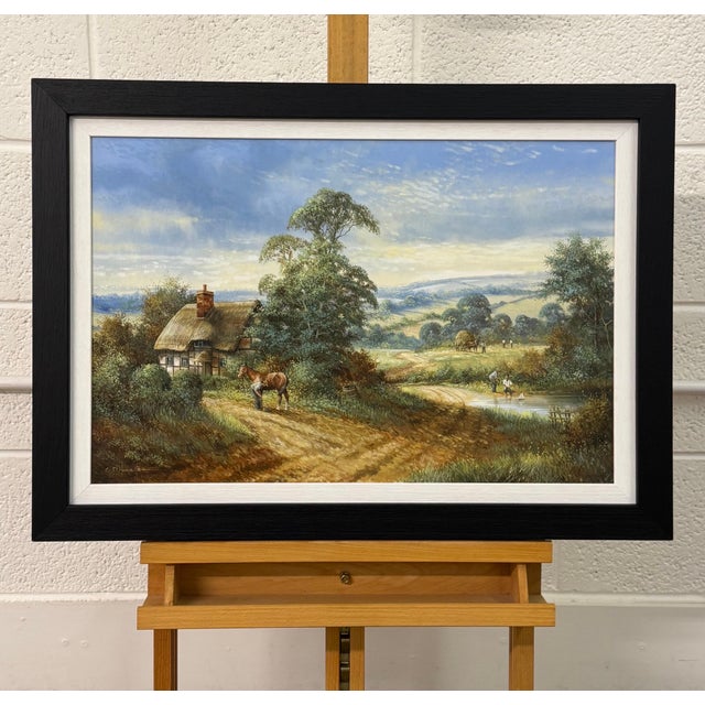 Rural Scene with Horses, Farm Workers & Thatched Cottage in English Countryside 1980 Circa For Sale - Image 10 of 16