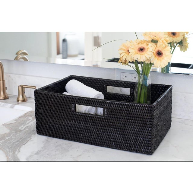 Boho Chic Artifacts Rattan Rectangular Shelf Basket with Side Handles in Tudor Black - 16" For Sale - Image 3 of 11