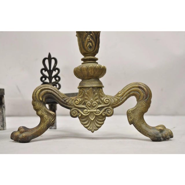 Traditional Antique French Empire Bronze Urn Finial Fireplace Andirons With Paw Feet - a Pair For Sale - Image 3 of 12