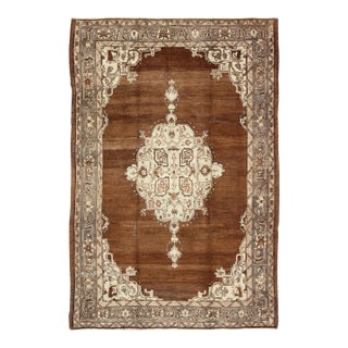 Vintage Turkish Oushak Rug With Floral Motifs in Chocolate Brown, Ivory, Taupe 5'7 X 8 For Sale