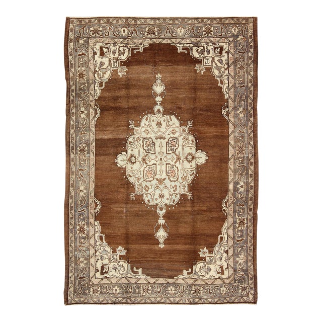 Vintage Turkish Oushak Rug With Floral Motifs in Chocolate Brown, Ivory, Taupe 5'7 X 8 For Sale