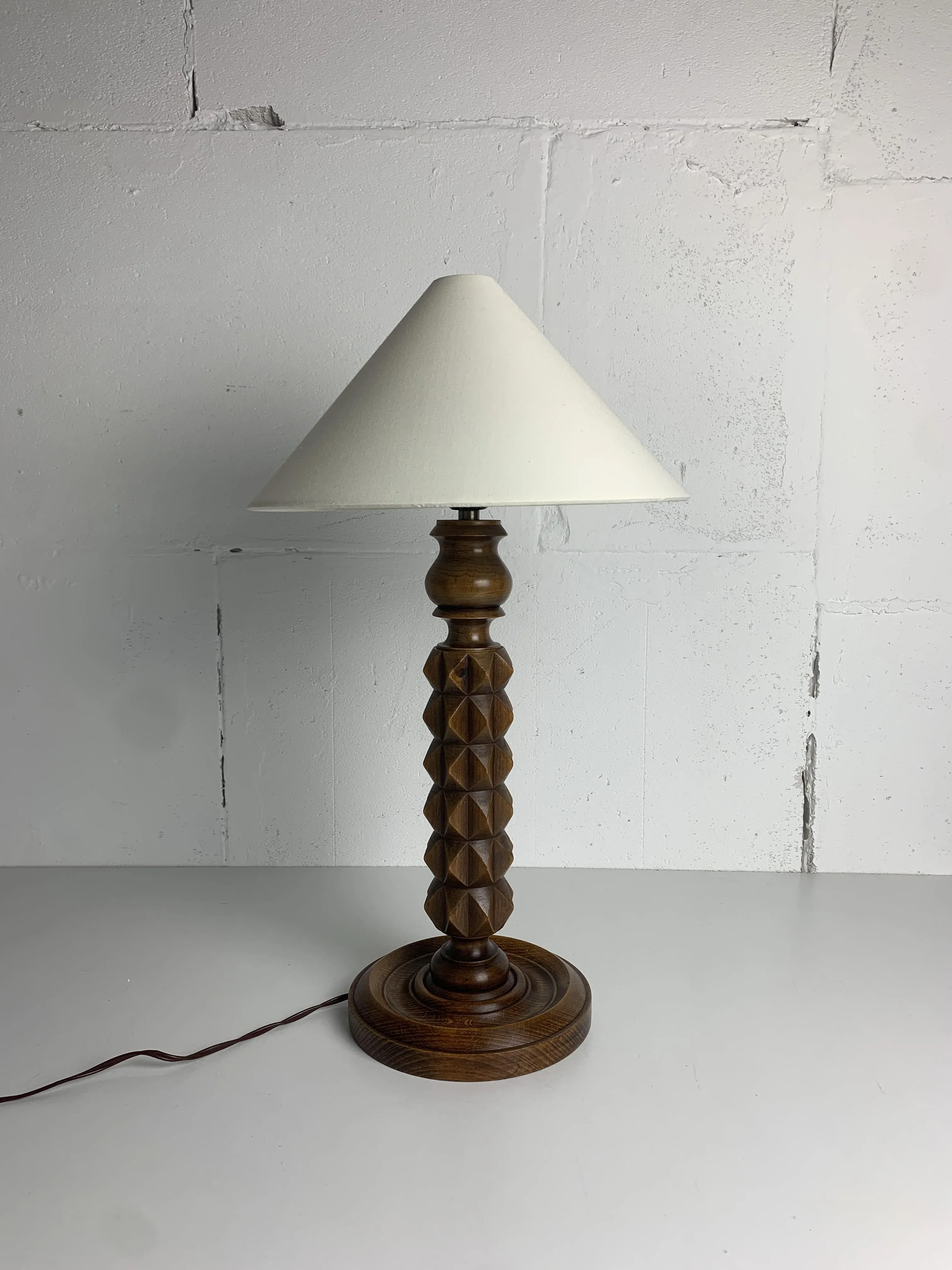 French Brutalist Wood Turned Table Lamp by Charles Dudouyt, 1940s