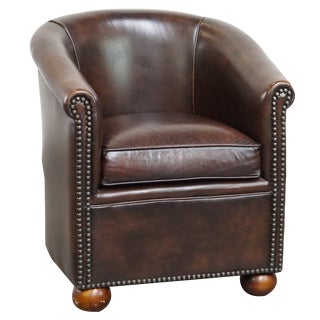 English Style Dark Cowhide Leather Club Chair with Ball Legs For Sale