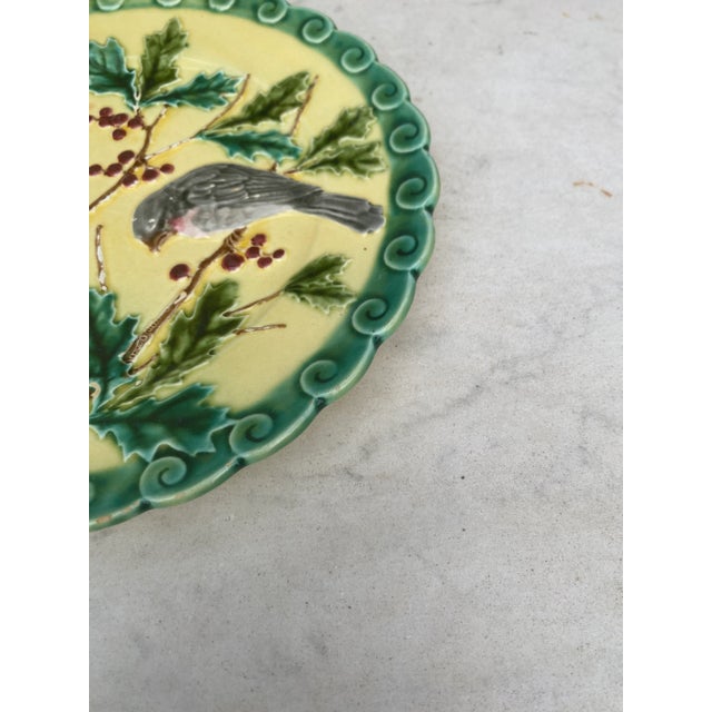 French Country French Majolica Bird & Holly Plate Sarreguemines, Circa 1880 For Sale - Image 3 of 5