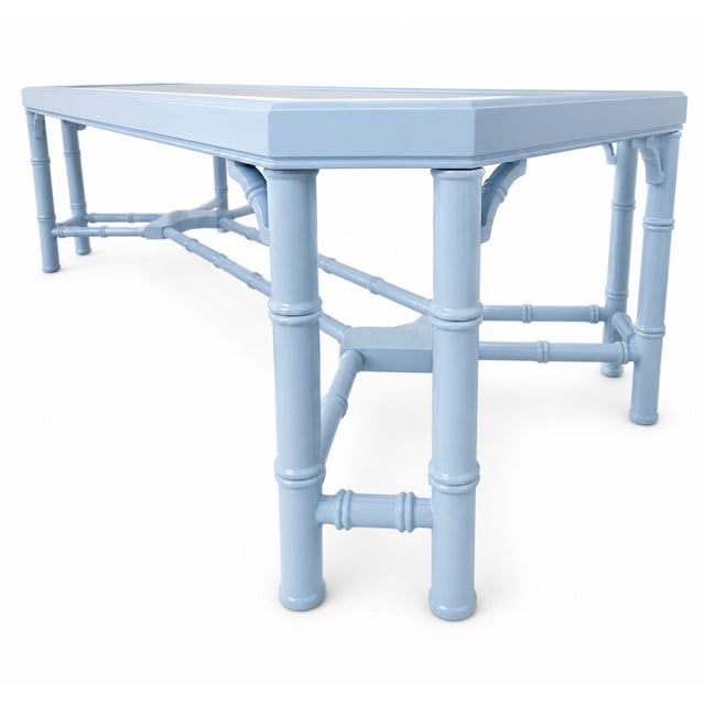 Blue Vintage Faux Bamboo Coffee Table in Benjamin Moore Blue Hydrangea For Sale - Image 8 of 8