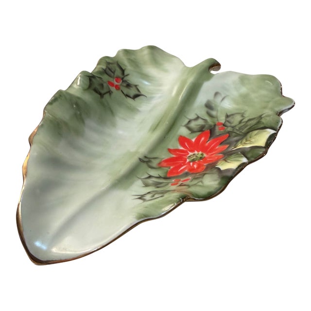 Mid 20th Century Lefton Hand-Painted Ceramic Leaf Dish With Poinsettias For Sale