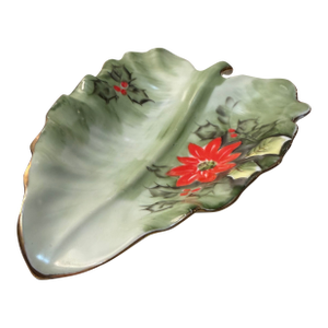 Mid 20th Century Lefton Hand-Painted Ceramic Leaf Dish With Poinsettias