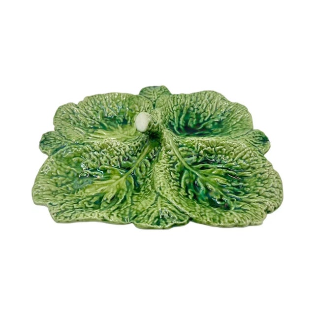 Mid-Century Modern Vintage Green Ceramic Cabbage Lettuce Leaf Serving Platter Bowl Portugal For Sale - Image 3 of 12